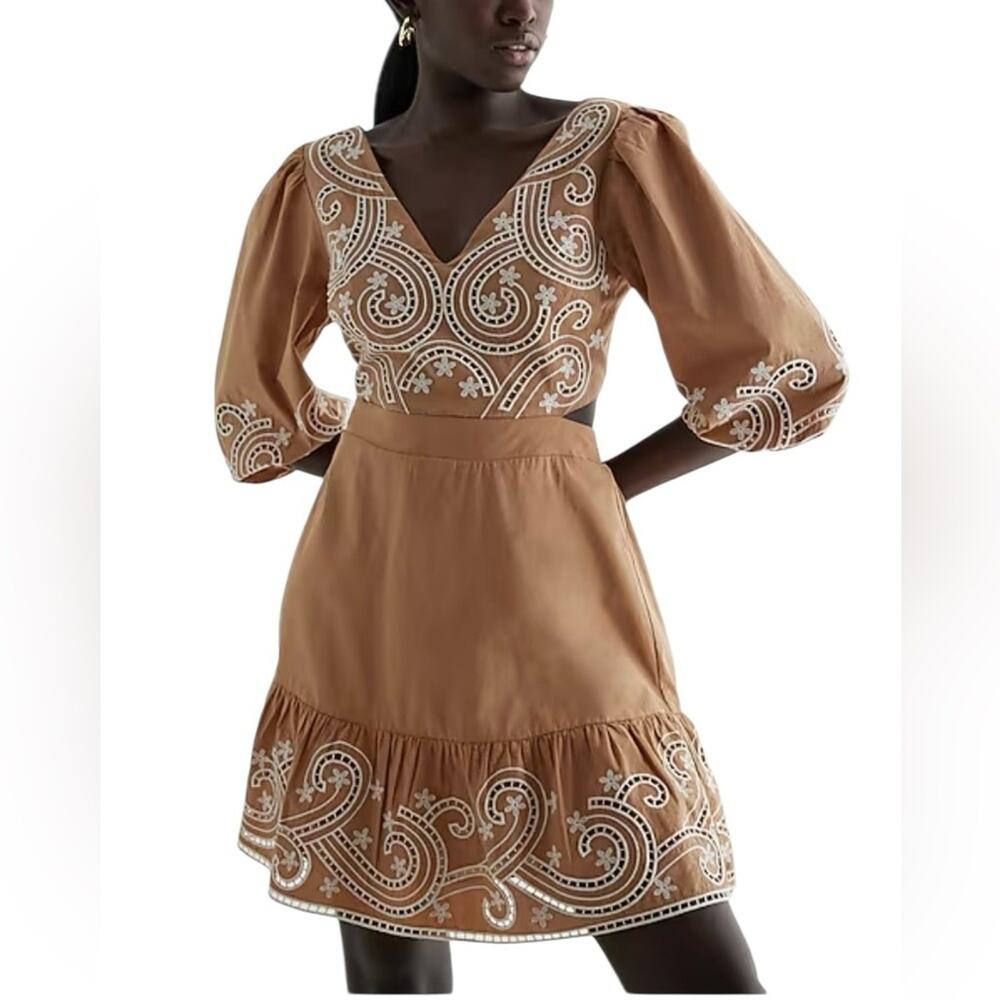 Express Embroidered Eyelet Mini Dress Size XS Tan Wedding Summer New With Tags
